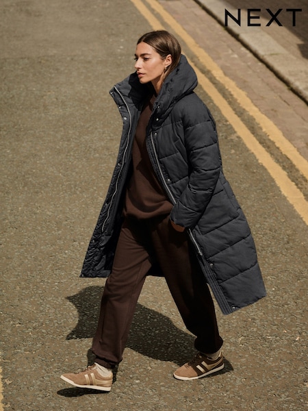 Dark Grey Longline Puffer Coat with Oversized Hood — Winter Coats for Women