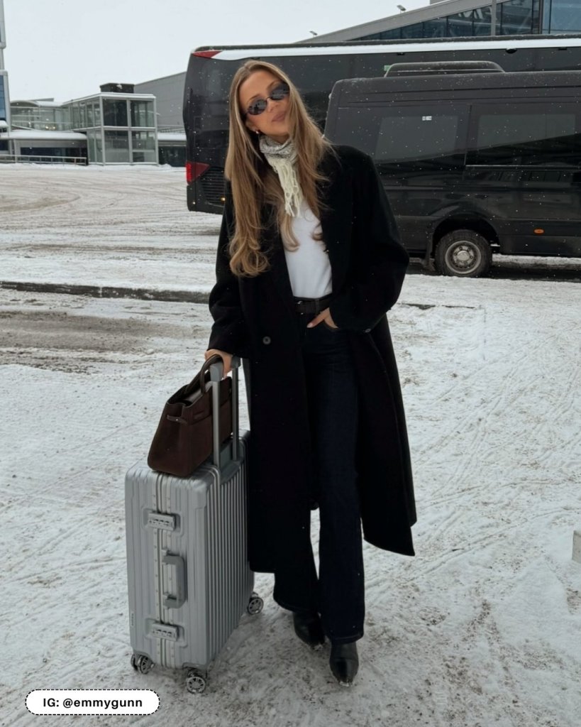 Long Wool Coat with Turtleneck and Flared Jeans for Elevated Travel Long Wool Coat with Turtleneck and Flared Jeans for Elevated Travel β Winter Airport Outfits