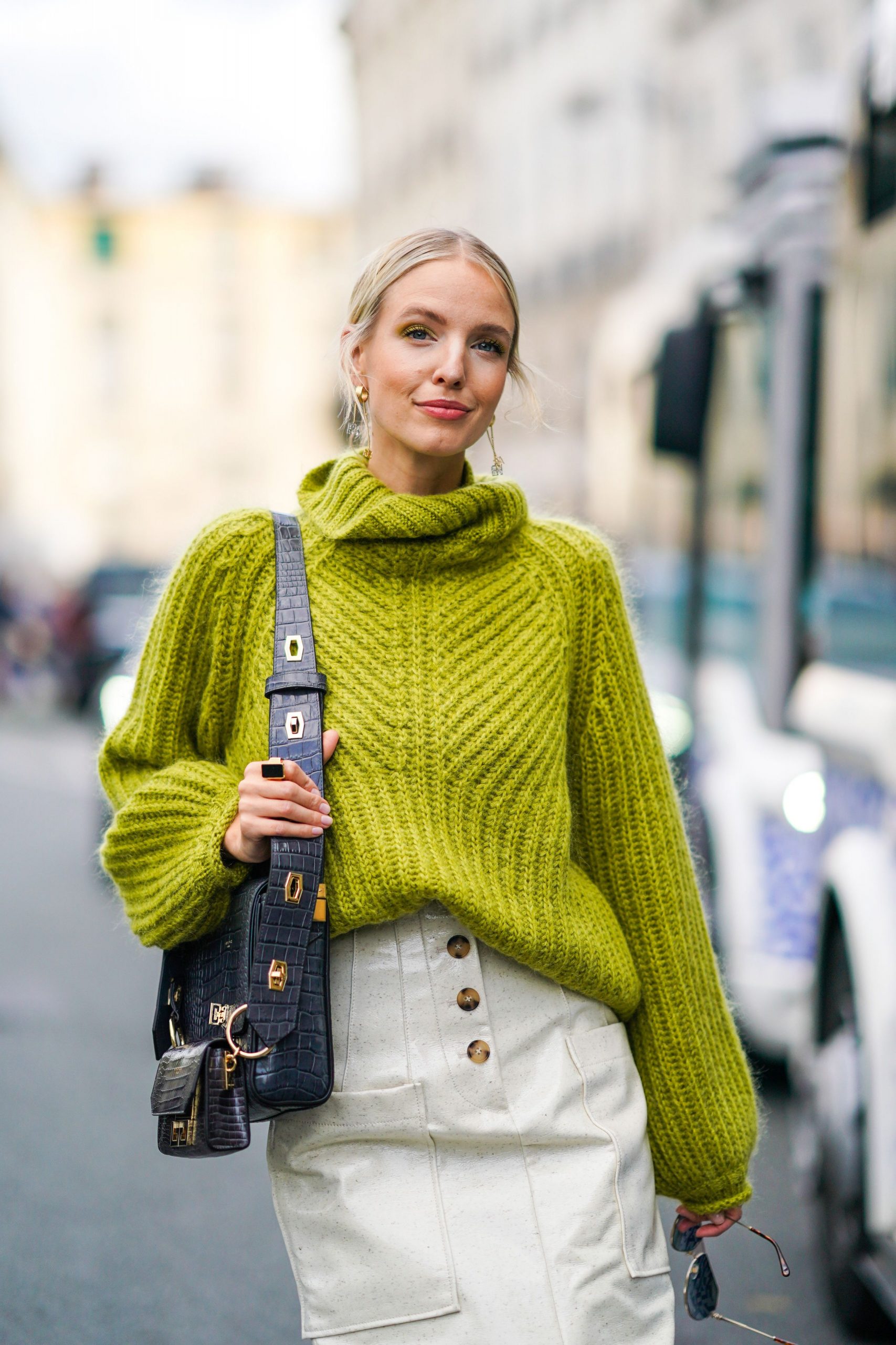 Lime Green Statement: Bold Knit Meets Faux Leather Skirt Lime Green Statement: Bold Knit Meets Faux Leather Skirt β Oversized Sweater Outfits