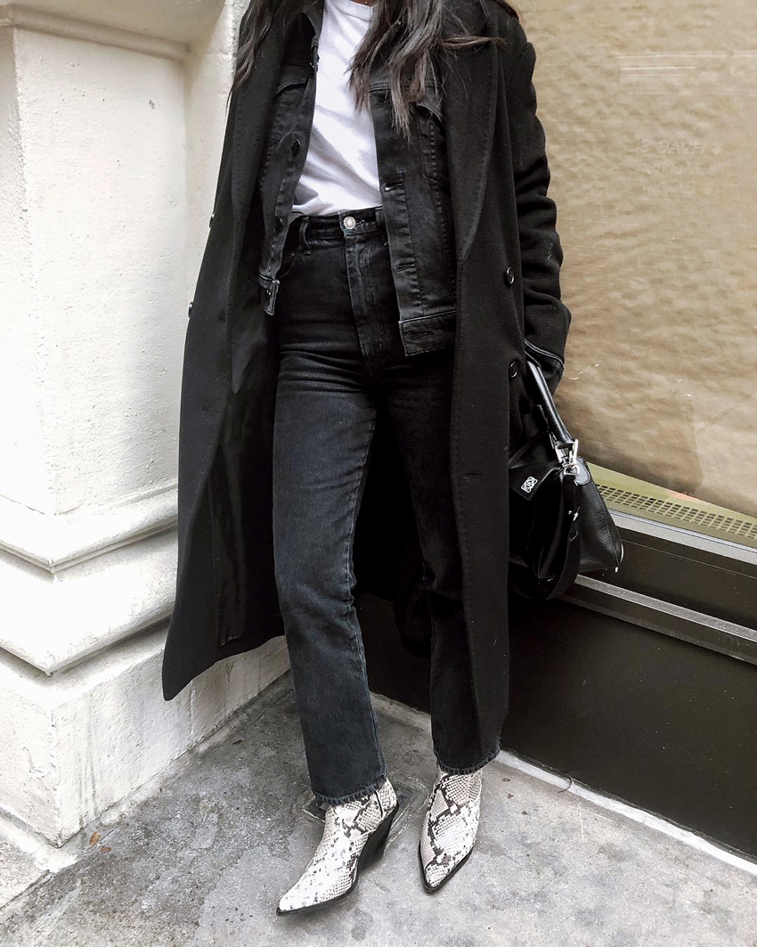Layered Denim Jacket Under Long Black Coat with Statement Boots Layered Denim Jacket Under Long Black Coat with Statement Boots β Winter Outfits for Petite Women