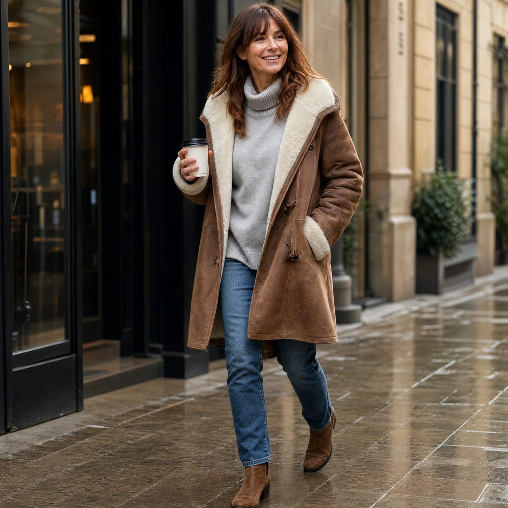 Classic Brown Hooded Shearling Coat Over Turtleneck and Jeans — Shearling Coat Outfits