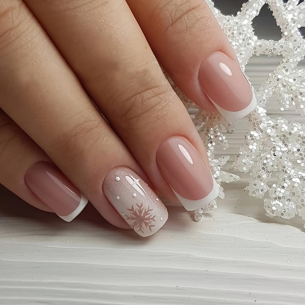 French with Snowflake Accent Nail French with Snowflake Accent Nail β New Years Square Nails 2027