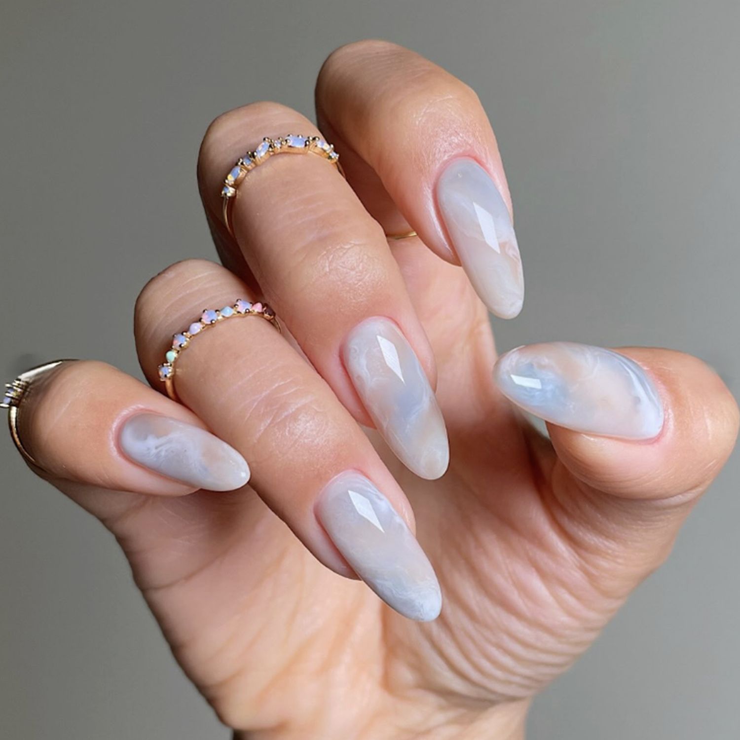 Milky White Light Blue Marbled Ovals — Winter Acrylic Nail Colors