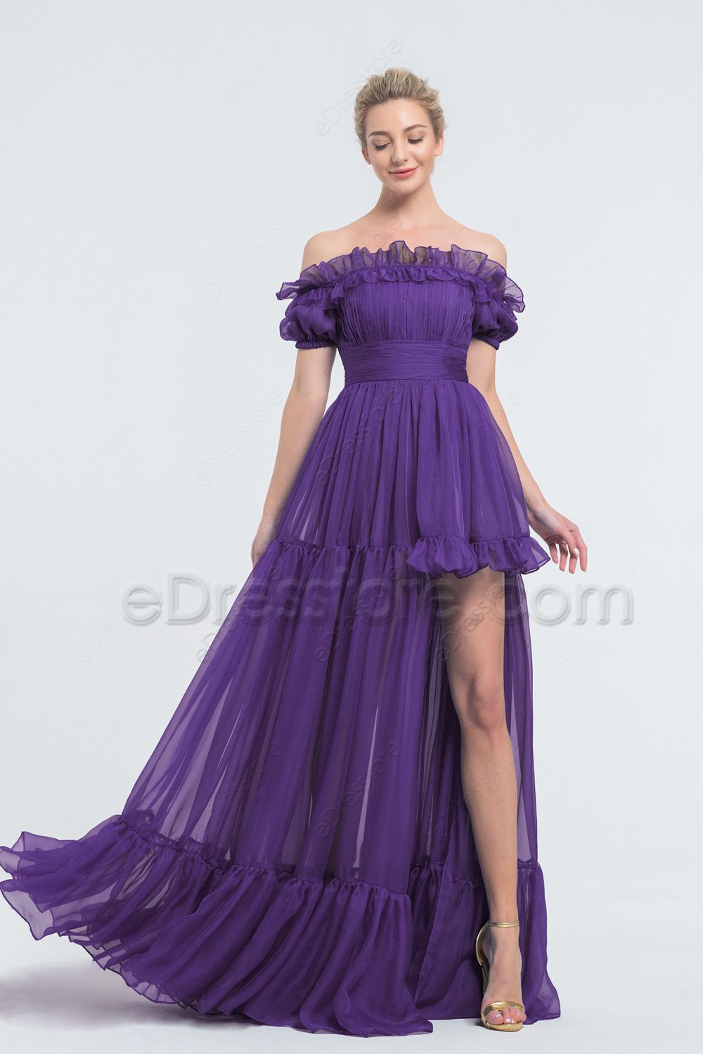Off-the-Shoulder Gown with Ruffled Tiered Skirt Off-the-Shoulder Gown with Ruffled Tiered Skirt β Royal Purple Outfits
