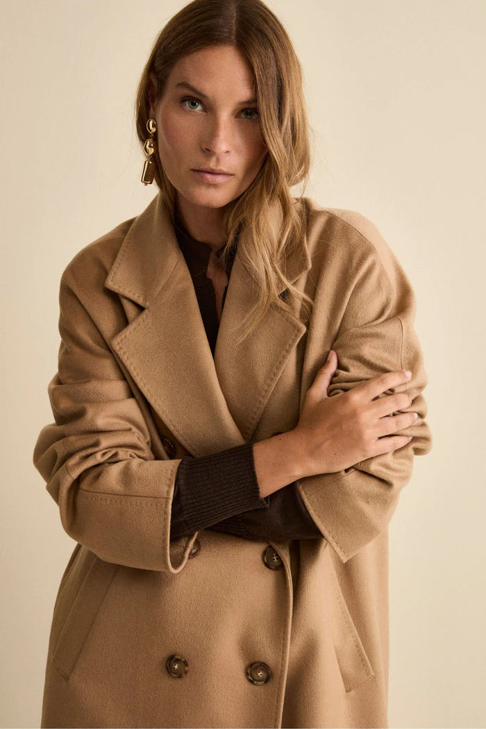 Sophisticated Camel Wool Coat with Statement Earrings — Wool Coat Outfits
