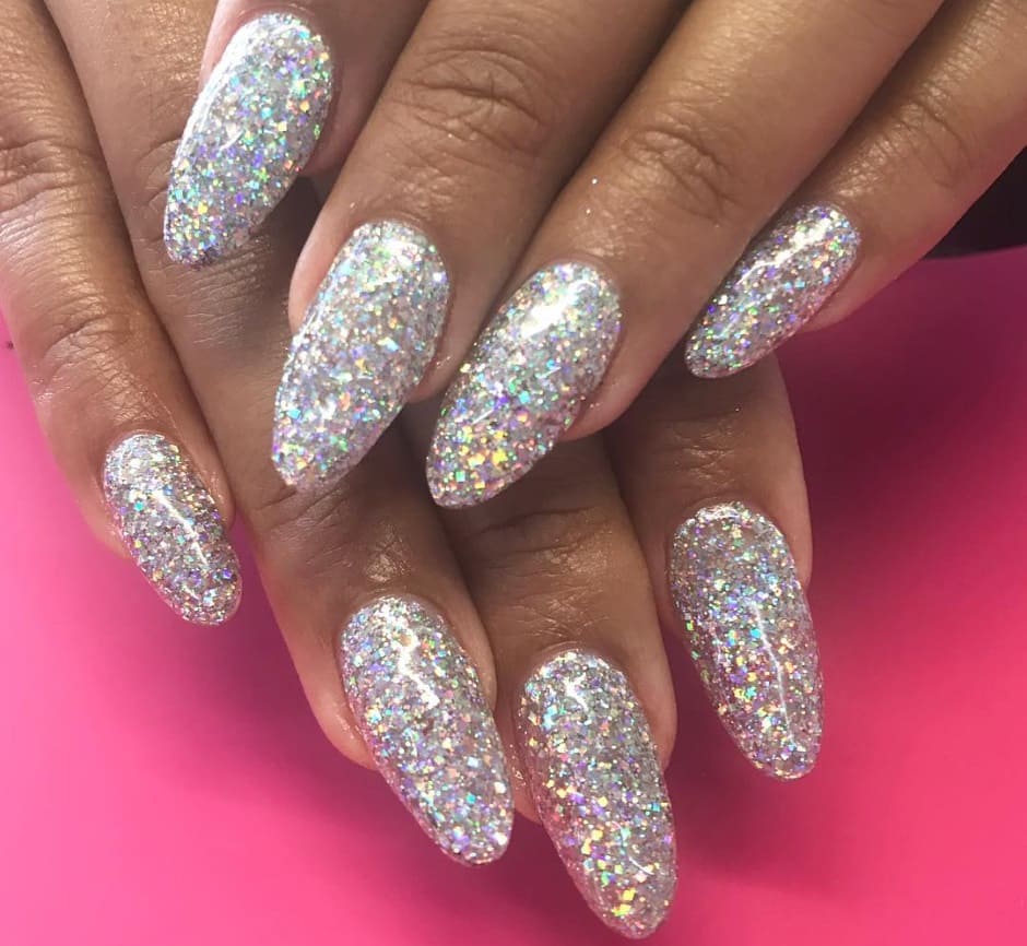 Dazzling Silver Holographic Glitter Ovals Dazzling Silver Holographic Glitter Ovals β New Years Nail Colors 2027
