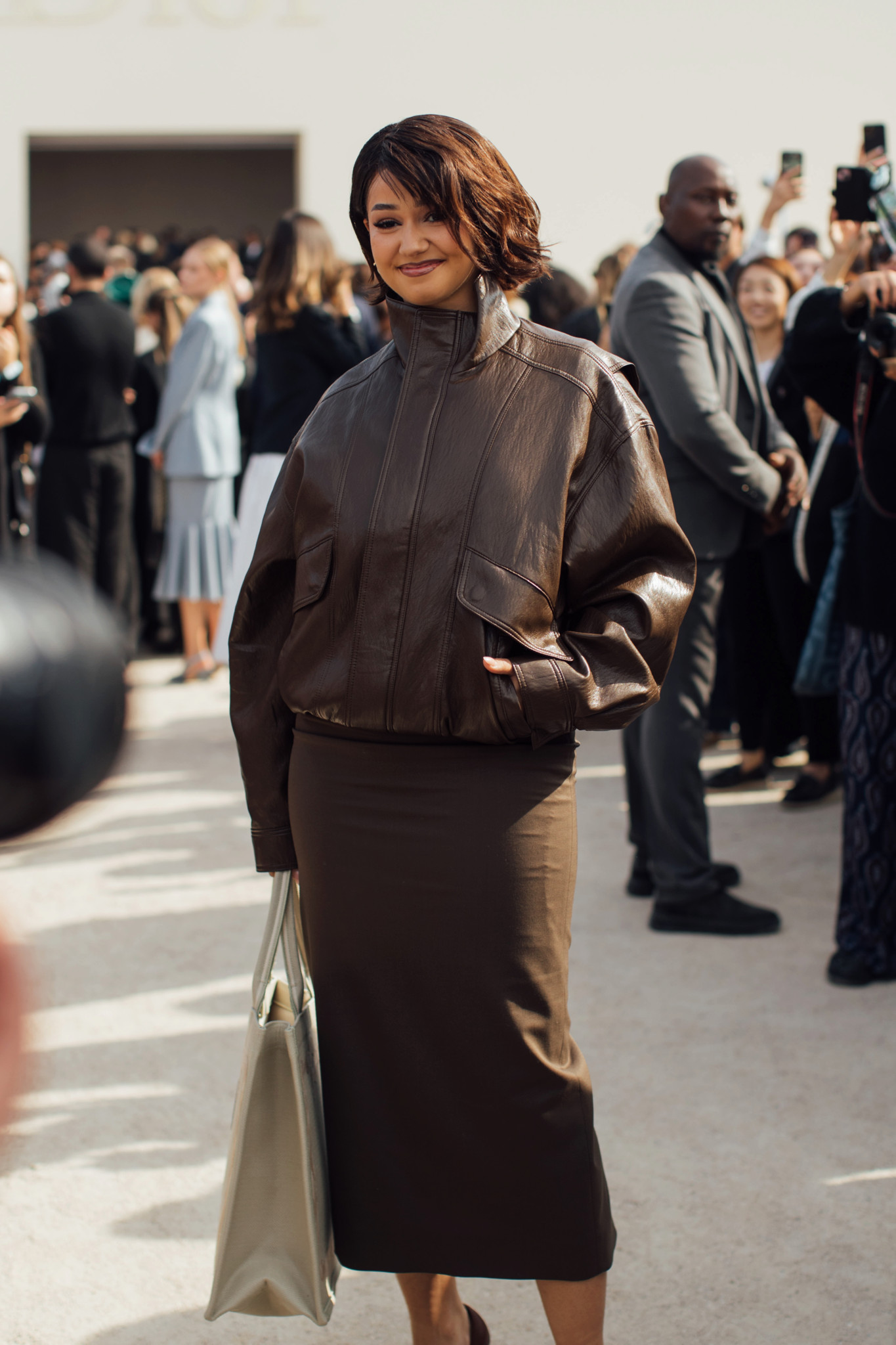Brown Faux-Leather Bomber Jacket with Midi Skirt Brown Faux-Leather Bomber Jacket with Midi Skirt β Winter to Spring Transition Outfits