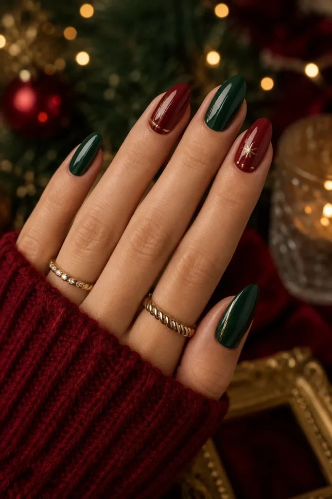 Deep Green Deep Red Gold Visual Idea Deep Green Deep Red Gold Visual Idea β Red and Gold Christmas Nails 2026