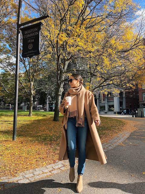 Long Camel Coat With Matching Scarf And Blue Jeans — Camel Coat Outfits