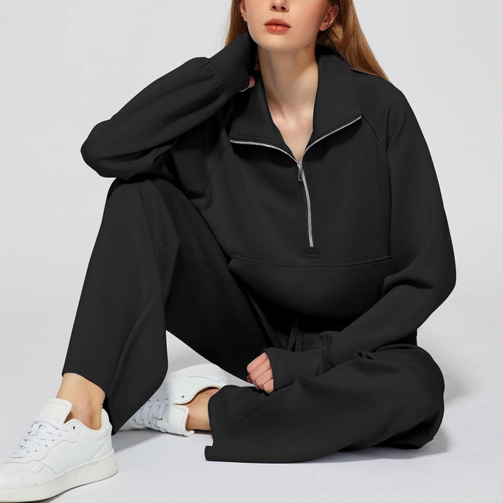 Monochromatic Black Half-Zip Athleisure Set Monochromatic Black Half-Zip Athleisure Set β Winter Athleisure Outfits