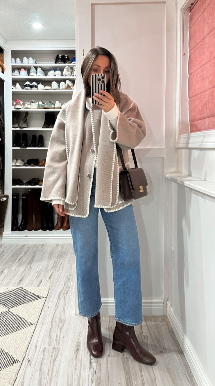 Blue Straight-Leg Jeans with Beige Jacket and Contrast Trim Blue Straight-Leg Jeans with Beige Jacket and Contrast Trim β Winter Outfits with Jeans