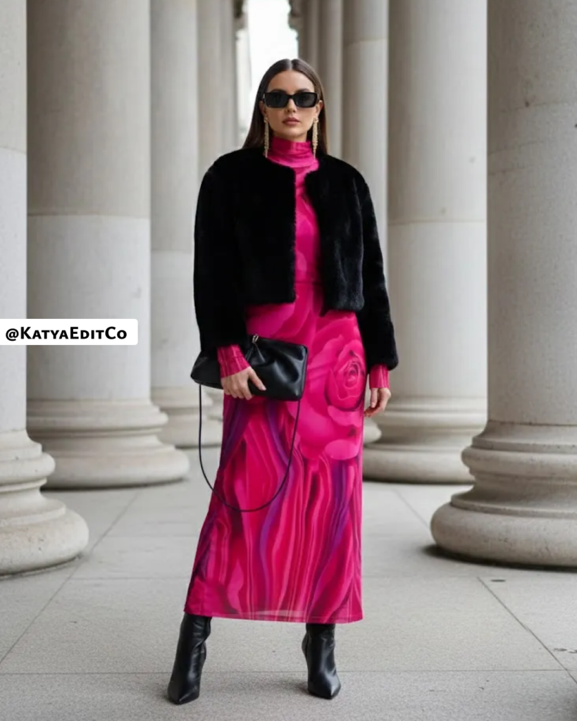 Pink Floral Dress with Black Faux Fur Jacket Pink Floral Dress with Black Faux Fur Jacket β Winter Date Night Outfits