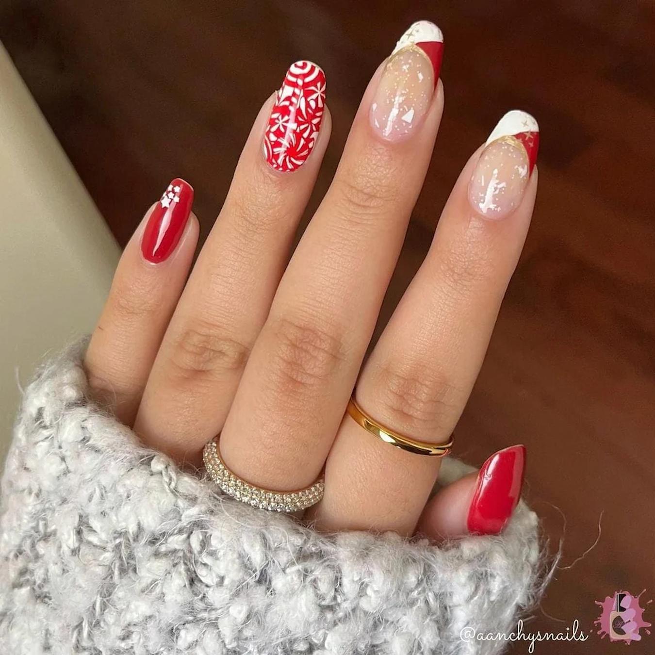 Red Snowflake & Candy Cane Almonds — Christmas Nail Designs 2026