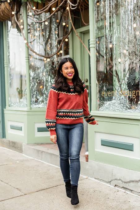 Red Fair Isle Knit Sweater with Skinny Jeans — Cute Winter Outfits
