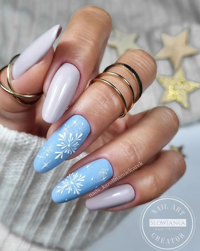 Matte and Glossy Snowflake Almond Nails — Winter Nail Art