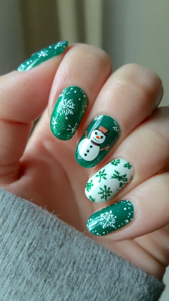 Short Oval Shimmering Green with Snowman Sticker — Green Christmas Nails 2026