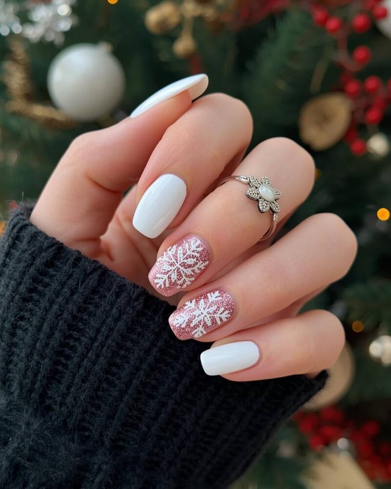 Rose Gold Snowflake Square Nails Rose Gold Snowflake Square Nails β Christmas Nails 2026