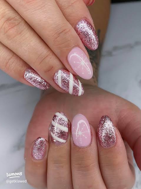 Full Pink Glitter with Snowflake Accents — Winter Glitter Nails