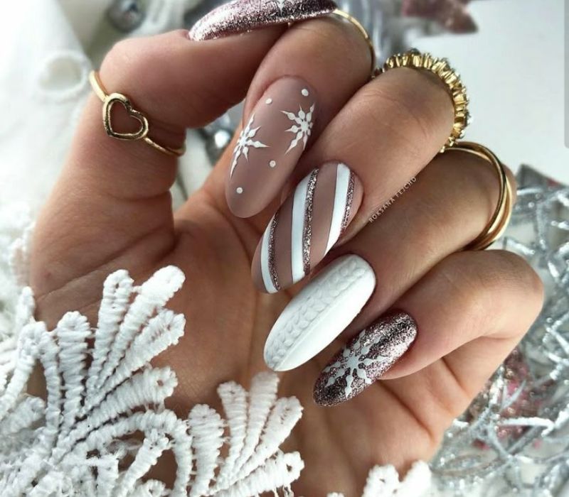Nude White Cable Knit Oval Nails — Winter Acrylic Nails