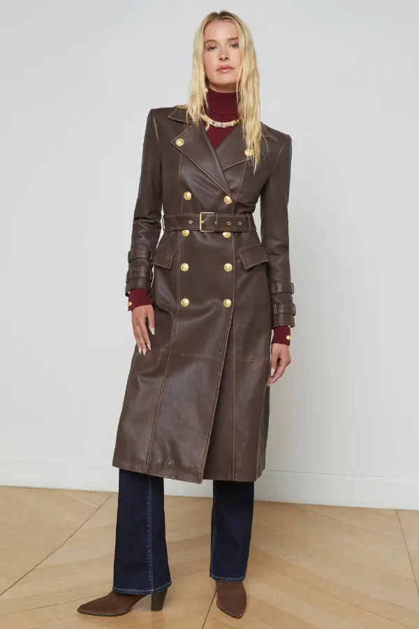 Brown Leather Trench Coat with Burgundy Brown Leather Trench Coat with Burgundy β Classy Winter Outfits