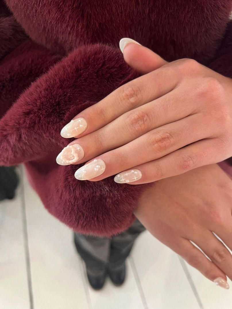 Milky White with Pearl Dots and Stars Milky White with Pearl Dots and Stars β Coquette Winter Nails