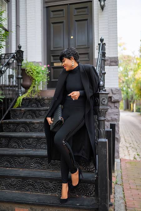 Monochromatic Black Outfit with Draped Coat — Winter Going Out Outfits