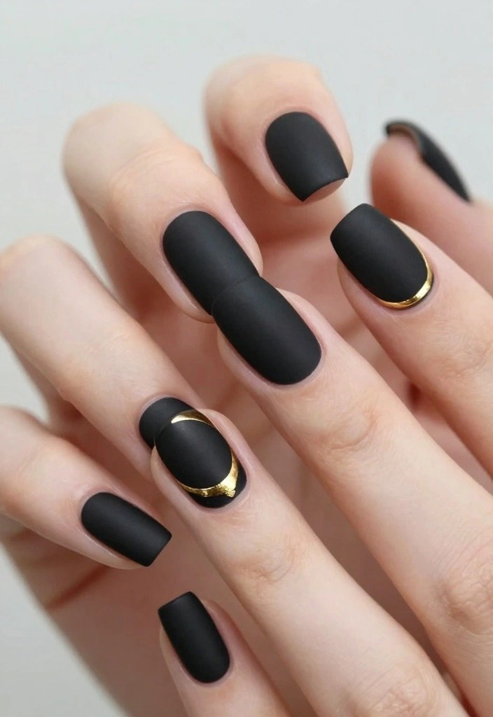 Matte Black Gold Crescent Moon — Simple Winter Nails