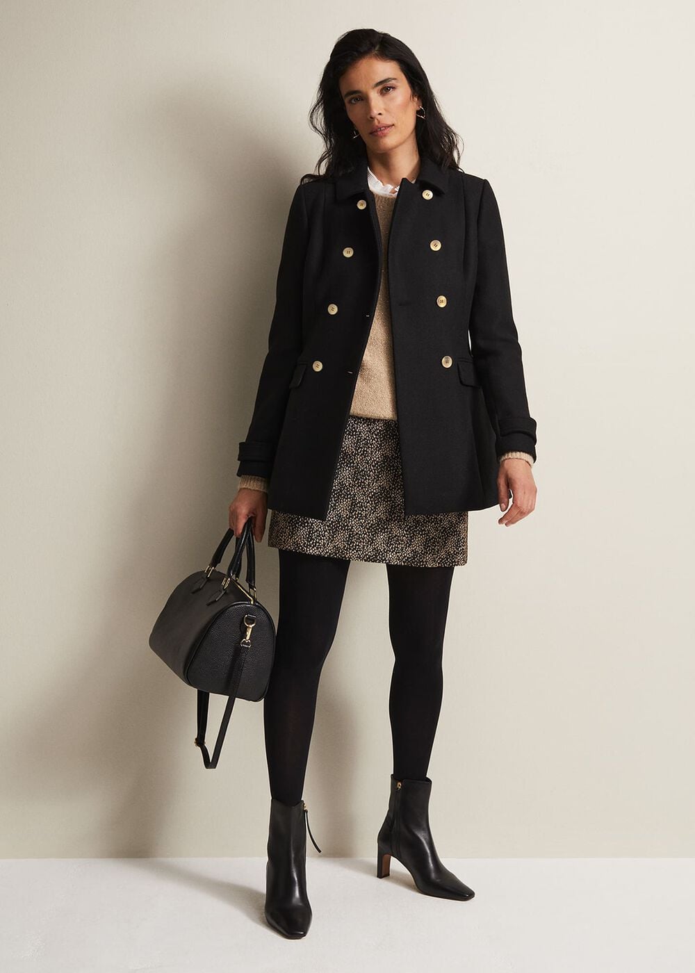 Black Peacoat with Gold Buttons and Patterned Skirt Black Peacoat with Gold Buttons and Patterned Skirt β Peacoat Outfits