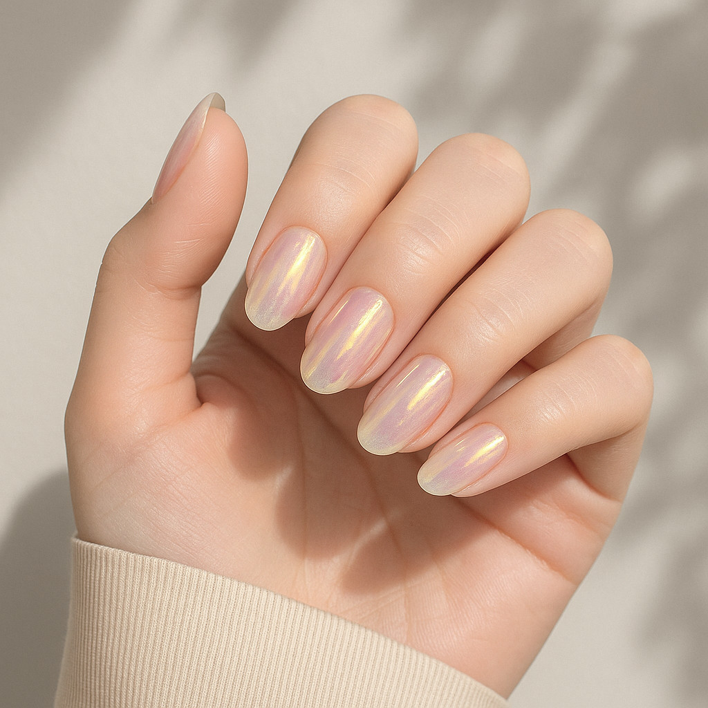Ethereal Iridescent Shimmer Medium Oval — Winter Champagne Nails