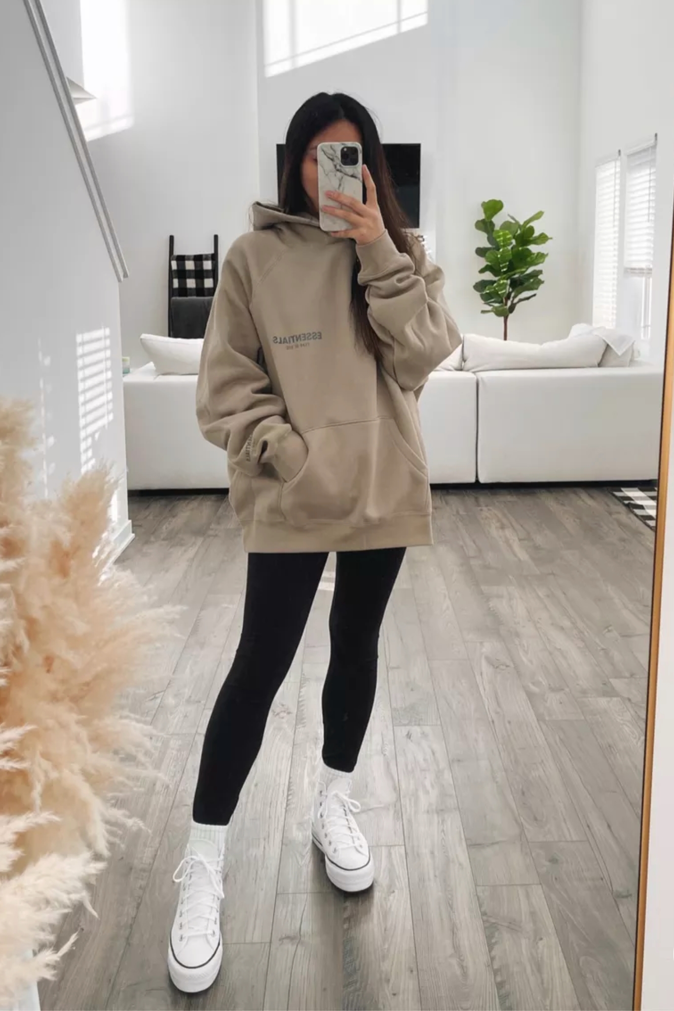 Beige Oversized Hoodie with Black Leggings — Hoodie Outfits