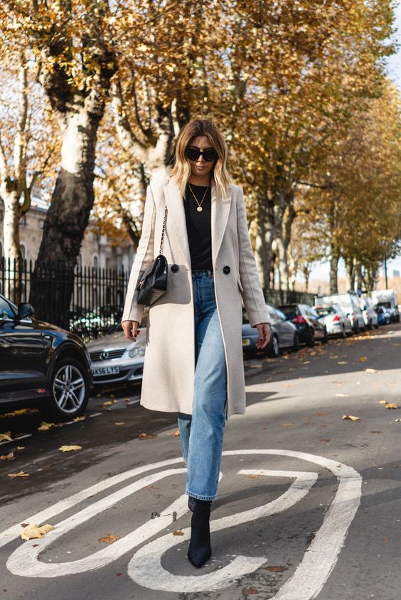 Cream Wool Coat with Black Tee and Jeans — Car Coat Outfits