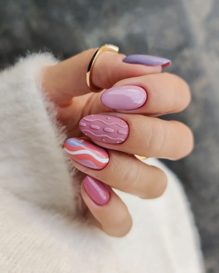 Abstract Pink Lilac Coral Oval Nails Abstract Pink Lilac Coral Oval Nails β Winter Pink Nails