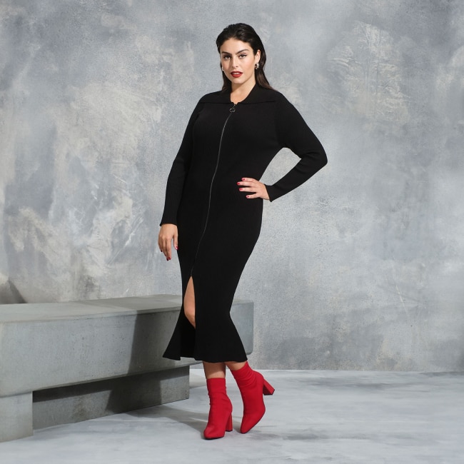 Ribbed Knit Midi Dress with Red Sock Boots: Bold Birthday — Winter Birthday Outfits
