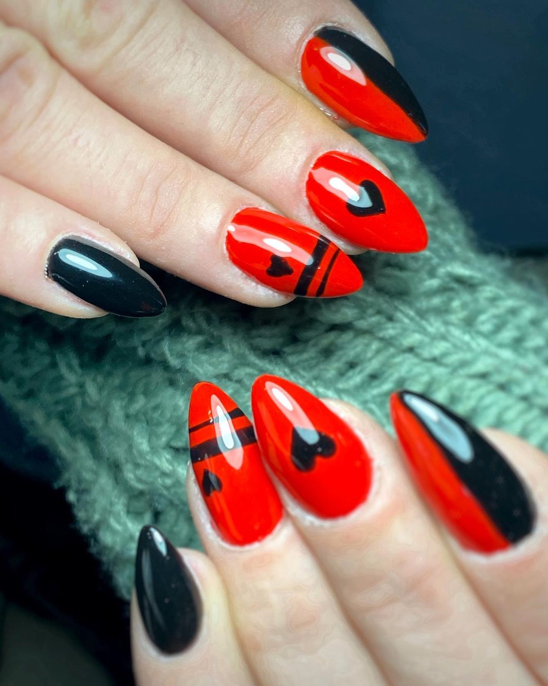 Red and Black Color Blocked Nails — Winter Red Nails