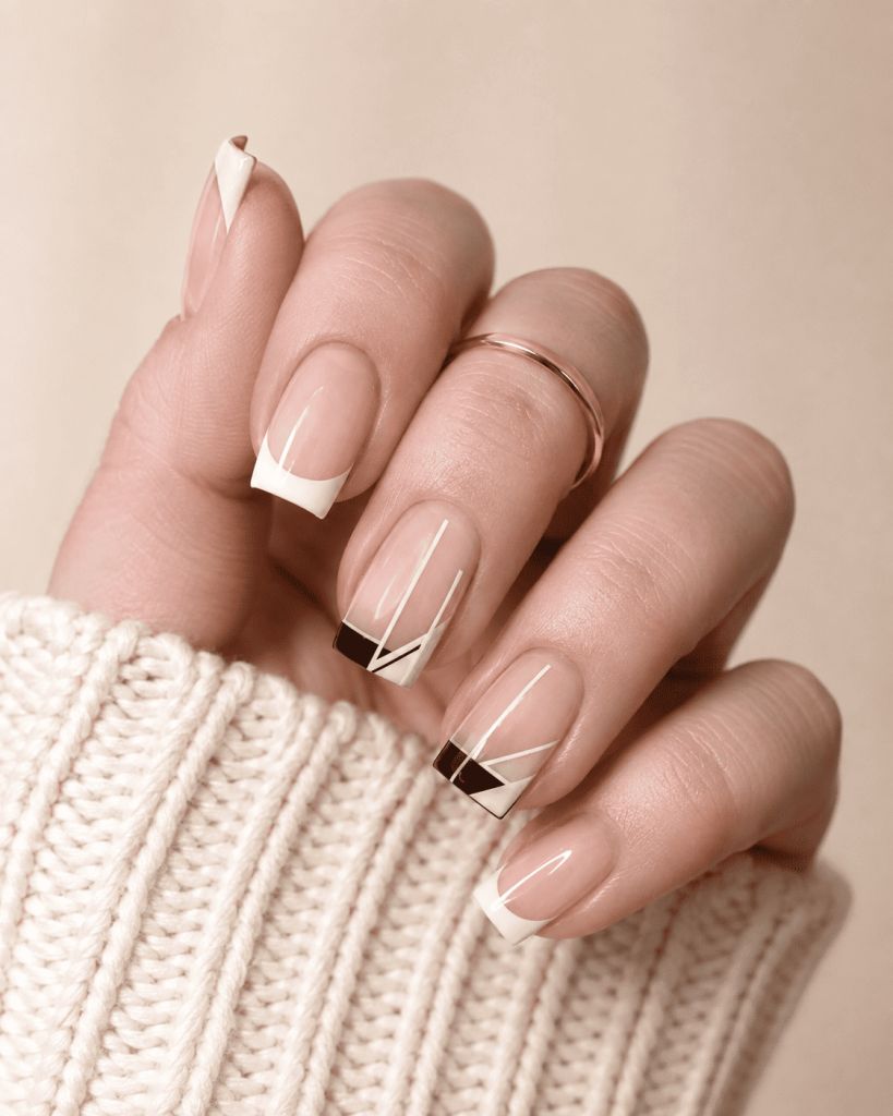 Geometric Line Accented French Tips Geometric Line Accented French Tips β Short Winter Square Nails