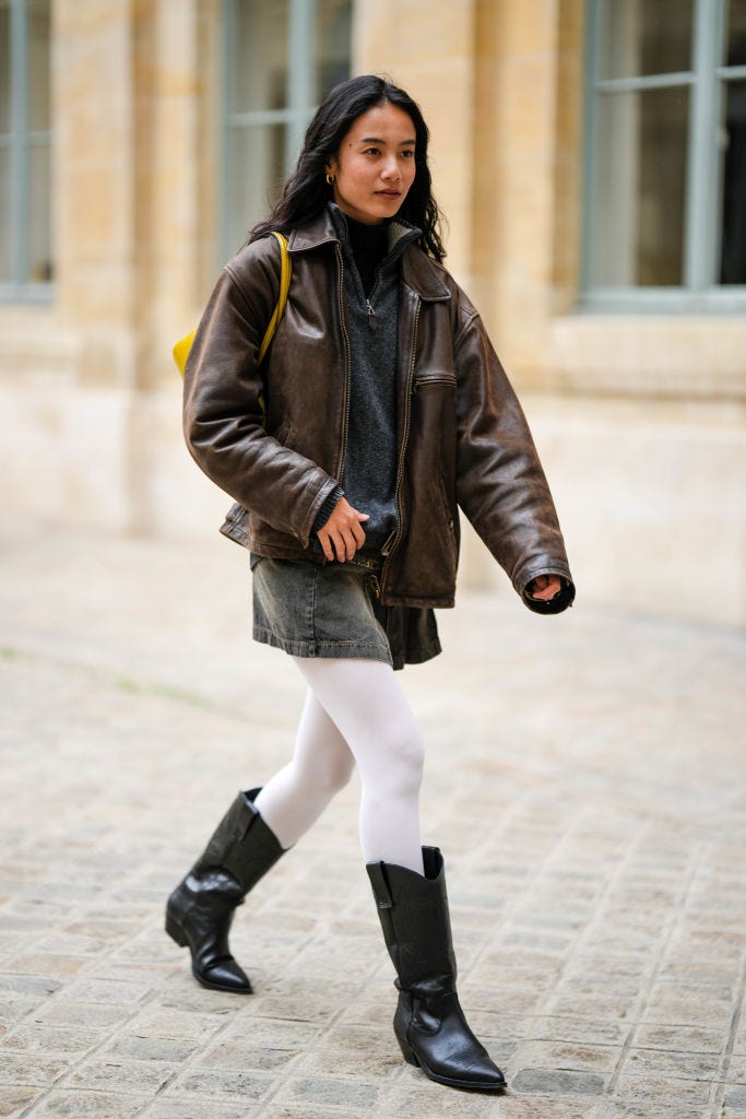 Chic Daytime Style: Leather Jacket, Denim Skirt, and Cowboy Boots — Winter Boots Outfits