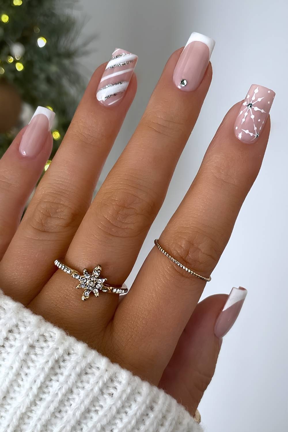 Nude Pink White Silver Snowflake Nails Nude Pink White Silver Snowflake Nails β Christmas Acrylic Nails 2026