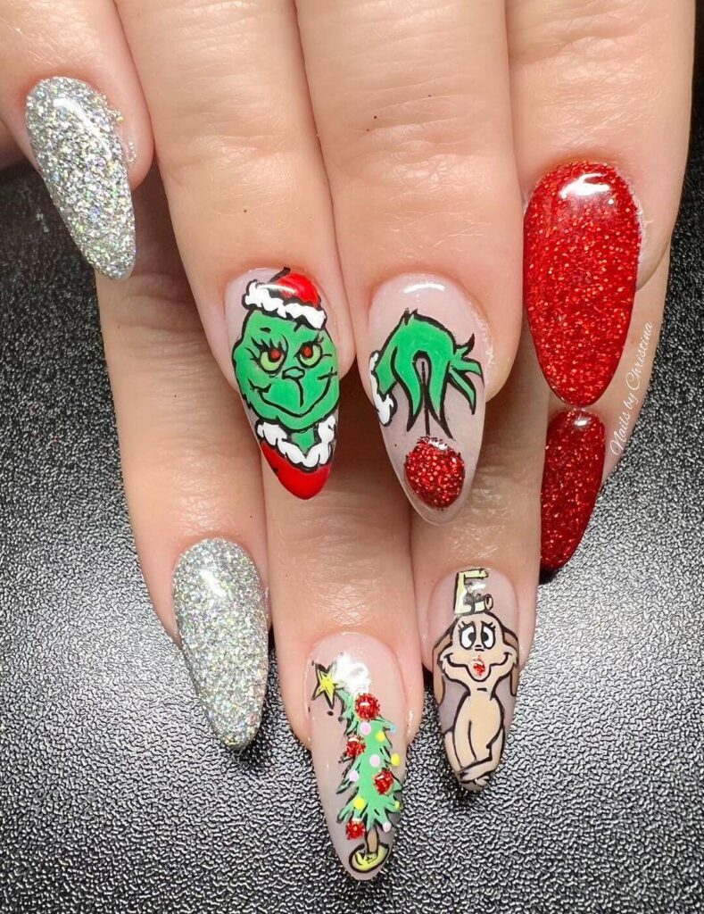 Long Almond Grinch Face With Glitter Accents Long Almond Grinch Face With Glitter Accents β Grinch Nails 2026