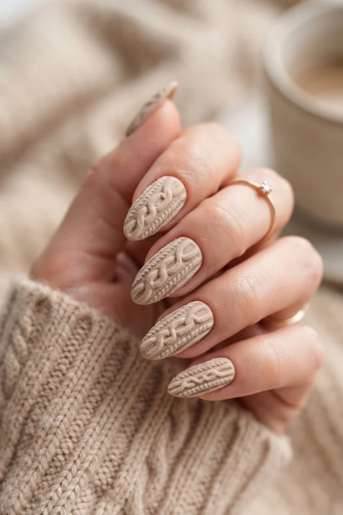 All-Over Matte Light Beige Cable Knit — Sweater Nails