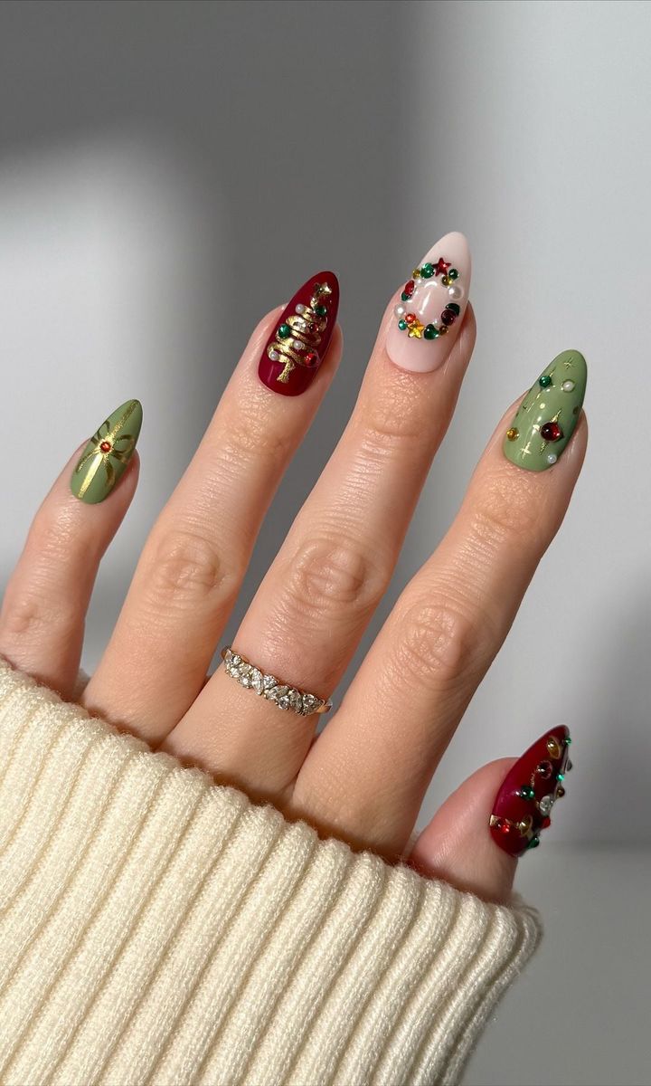 Detailed Christmas Tree Almond Nails Detailed Christmas Tree Almond Nails β Holiday Nails 2026