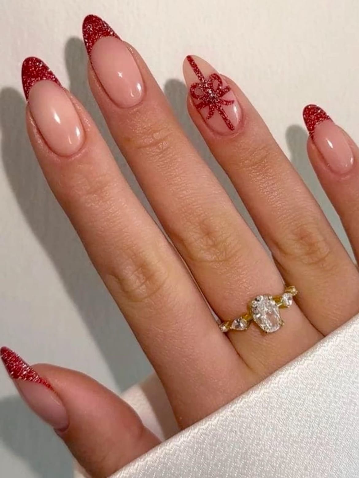Red Glitter French Tips with Bow Art Red Glitter French Tips with Bow Art β Red and Gold Christmas Nails 2026