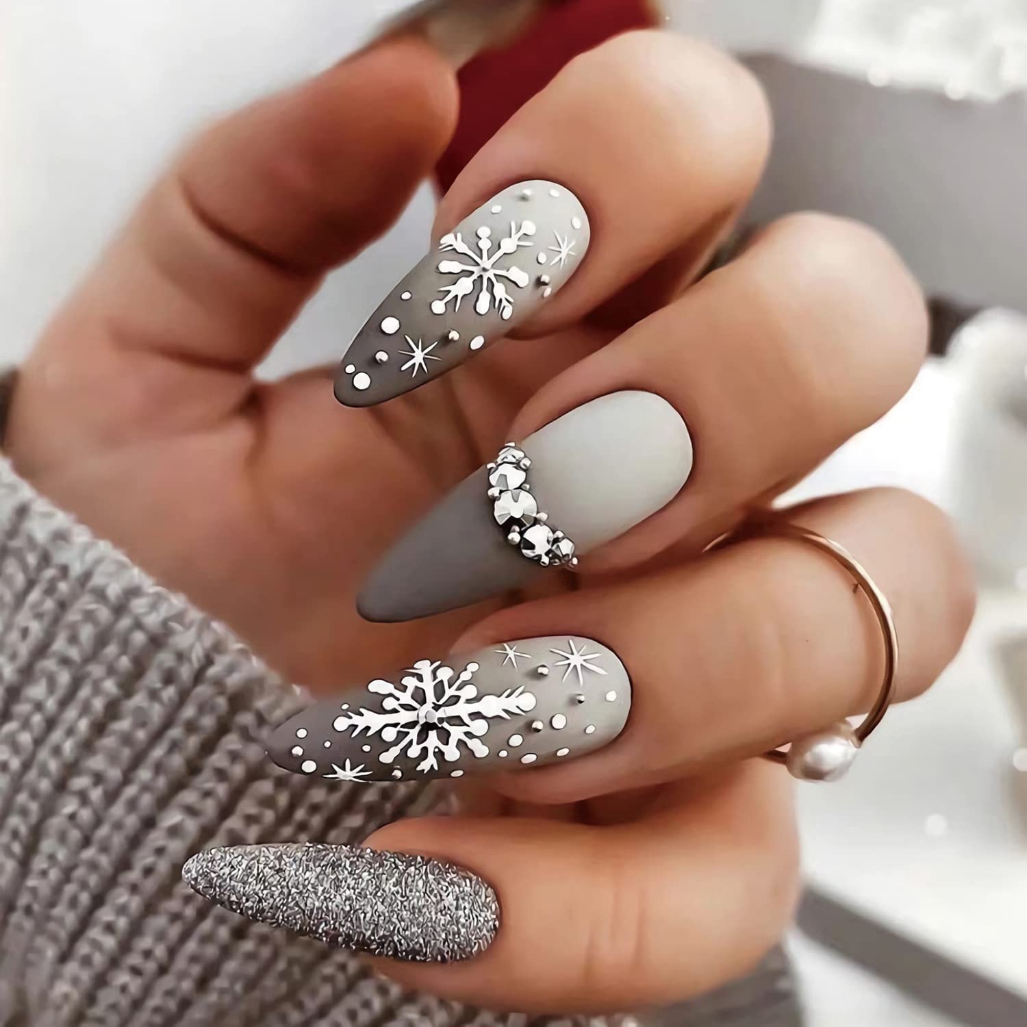 One Hand Visual Idea — Medium Length Winter Nails