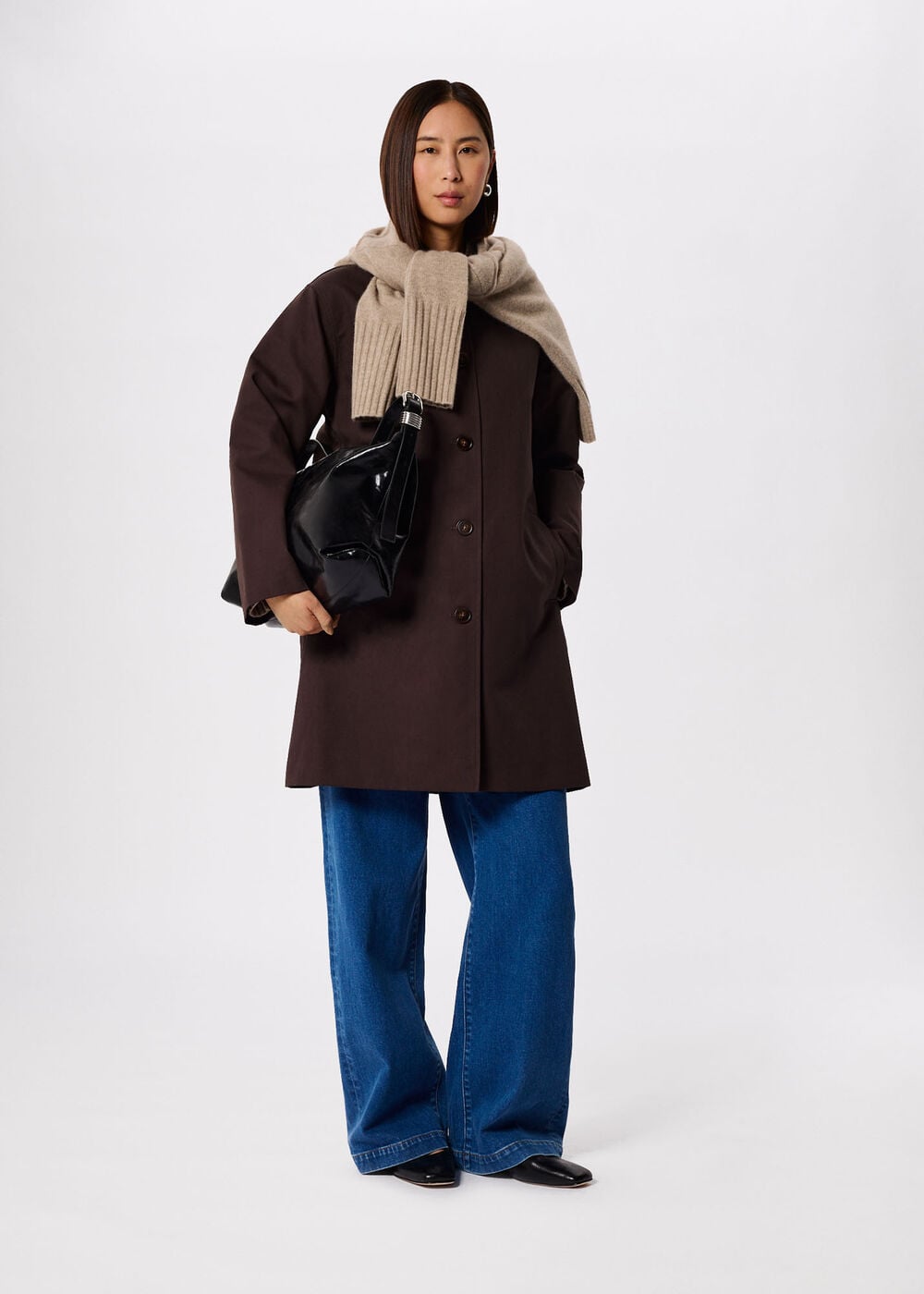 Brown Car Coat with Knit Scarf and Flats — Car Coat Outfits