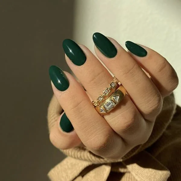 Forest Green Glossy Almonds Forest Green Glossy Almonds β Winter Nail Colors for Women Over 70