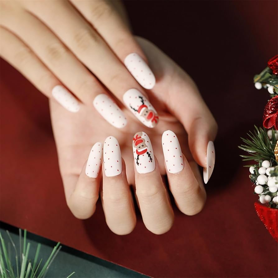 Matte White with Red Polka Dots and Reindeer — Christmas Nails for Kids 2026