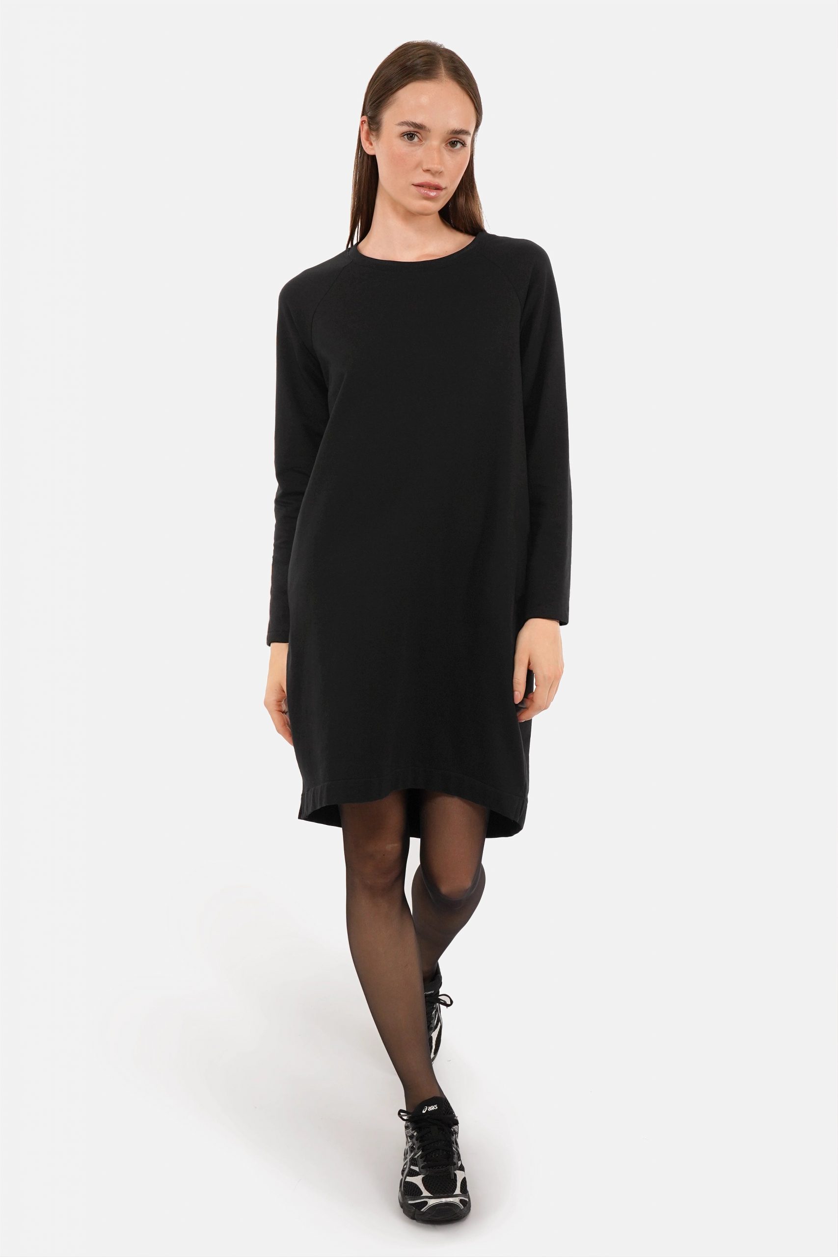 Minimalist Black Jersey Sweater Dress with Sneakers — Sweater Dress Outfits