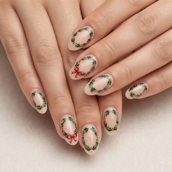 Oval Christmas Wreath Nails — Christmas Nail Designs 2026