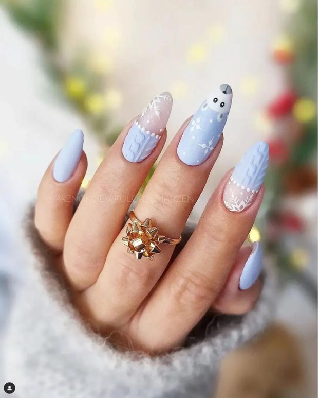 Matte Light Blue Cable Knit Owl Nails Matte Light Blue Cable Knit Owl Nails β Winter Birthday Nails