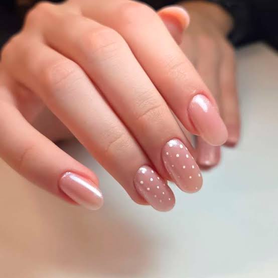 Medium Oval Pale Pink with White Dots — Simple New Years Nails 2027