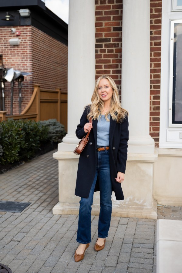 Navy Wool Coat with Light Blue Sweater and Tan Flats Navy Wool Coat with Light Blue Sweater and Tan Flats β Winter Outfits for Petite Women